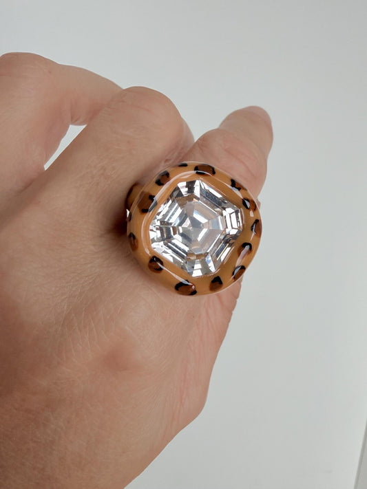 Beige Leopard Big Square Octagon Polymer Ring Clear Crystal