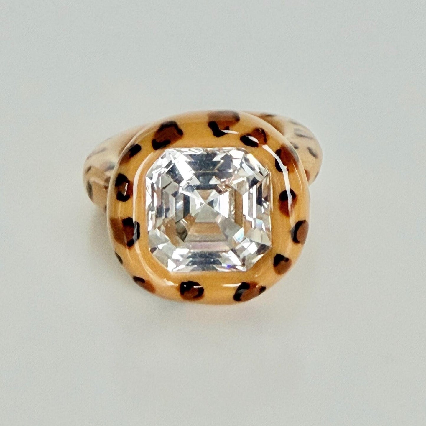 Beige Leopard Big Square Octagon Polymer Ring Clear Crystal