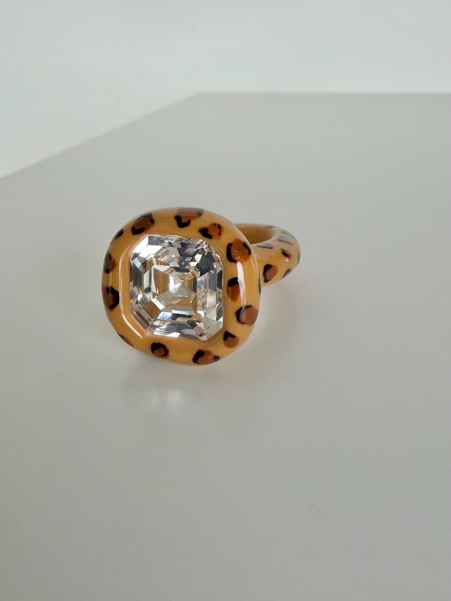 Beige Leopard Big Square Octagon Polymer Ring Clear Crystal