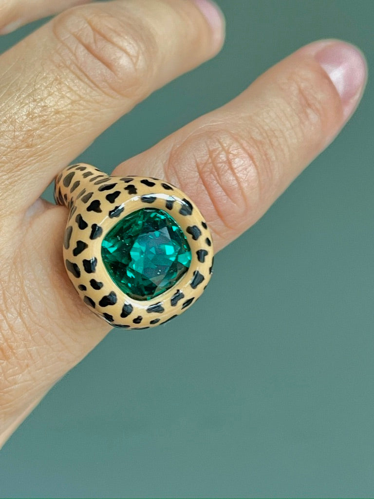 Beige Leopard Print Cushion Green Emerald Crystal Polymer Ring