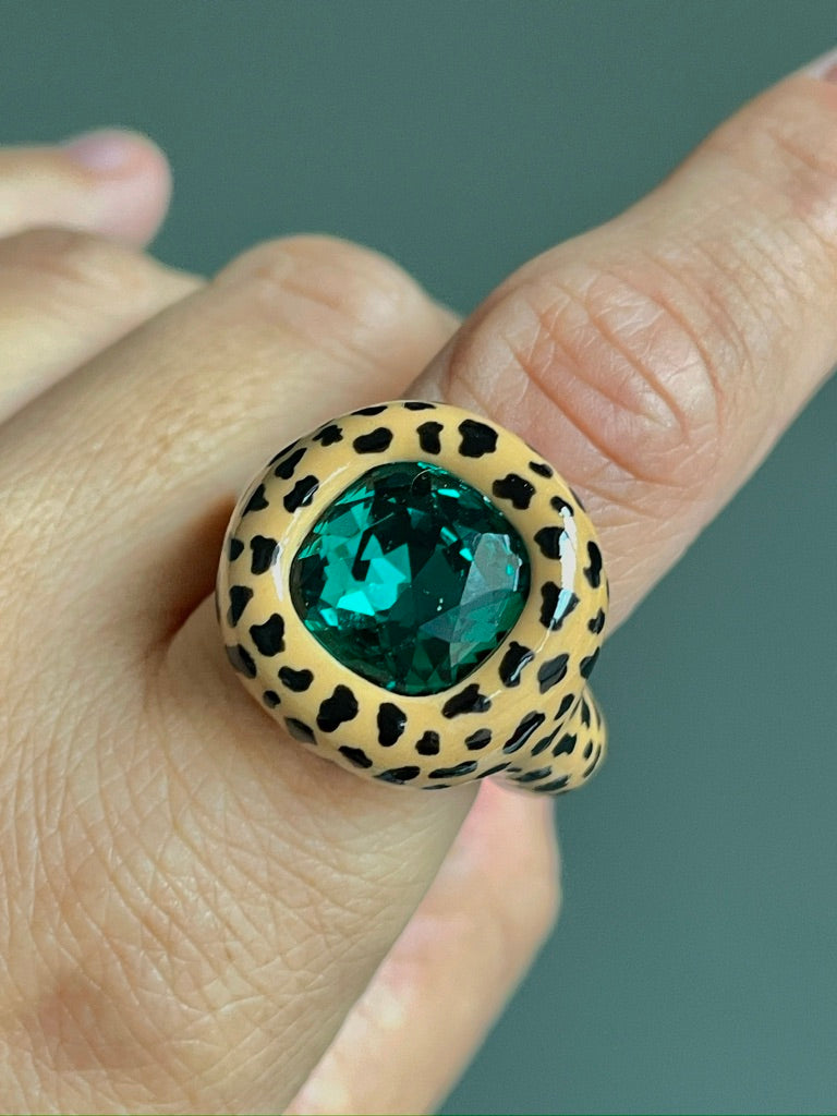 Beige Leopard Print Cushion Green Emerald Crystal Polymer Ring